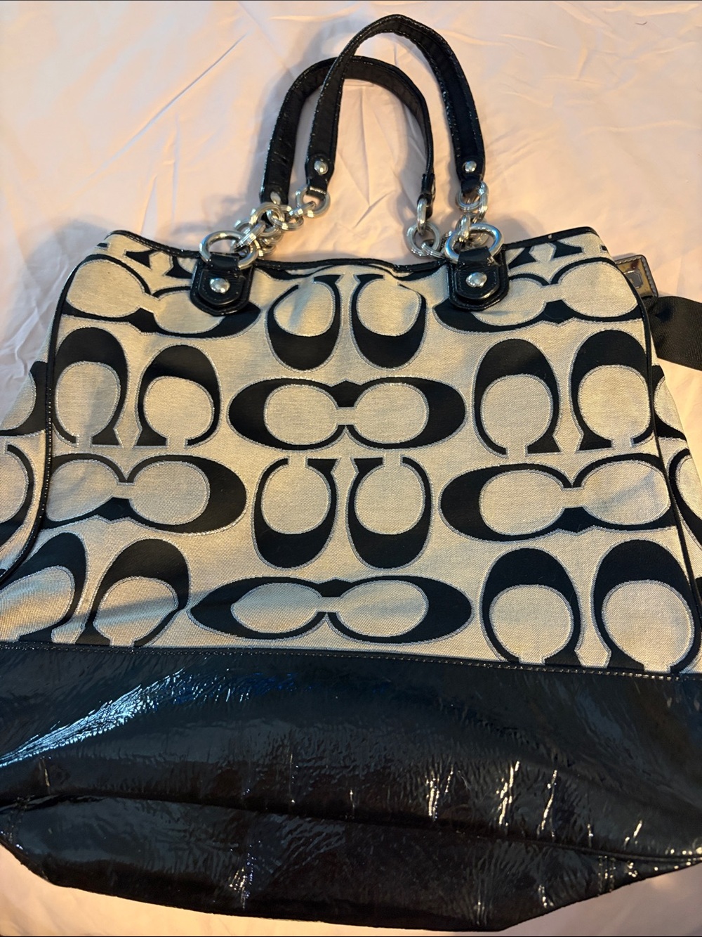 Coach Black and Ivory Signature Canvas Tote with Silver Hardware - Picture 8 of 13